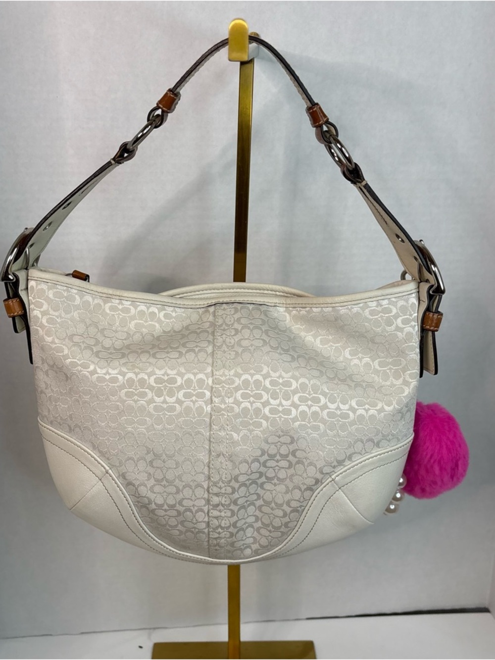 Vintage Coach Signature Soho Hobo Shoulder Bag White Jacquard Brown Leather - Picture 11 of 15